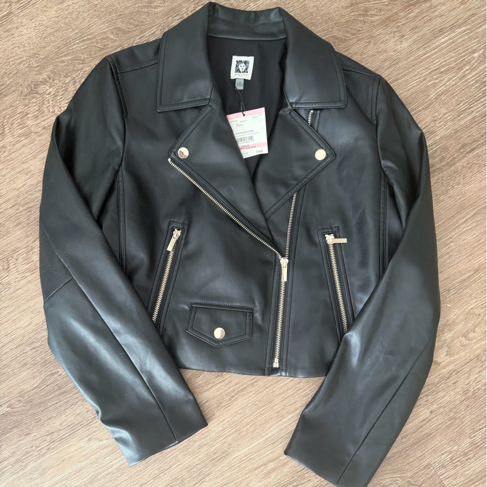 Anne Klein Women’s Faux Leather Black Moto Jacket Size‎ US 10 NEW